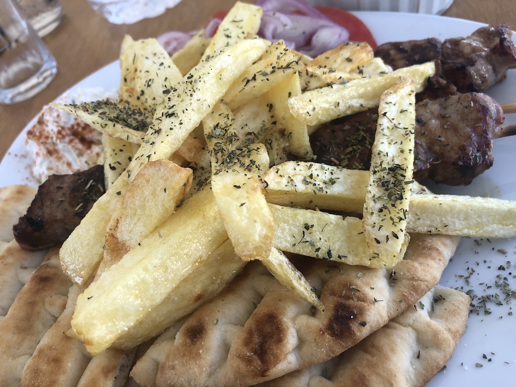 Oregano Fries and Souvlaki Plate